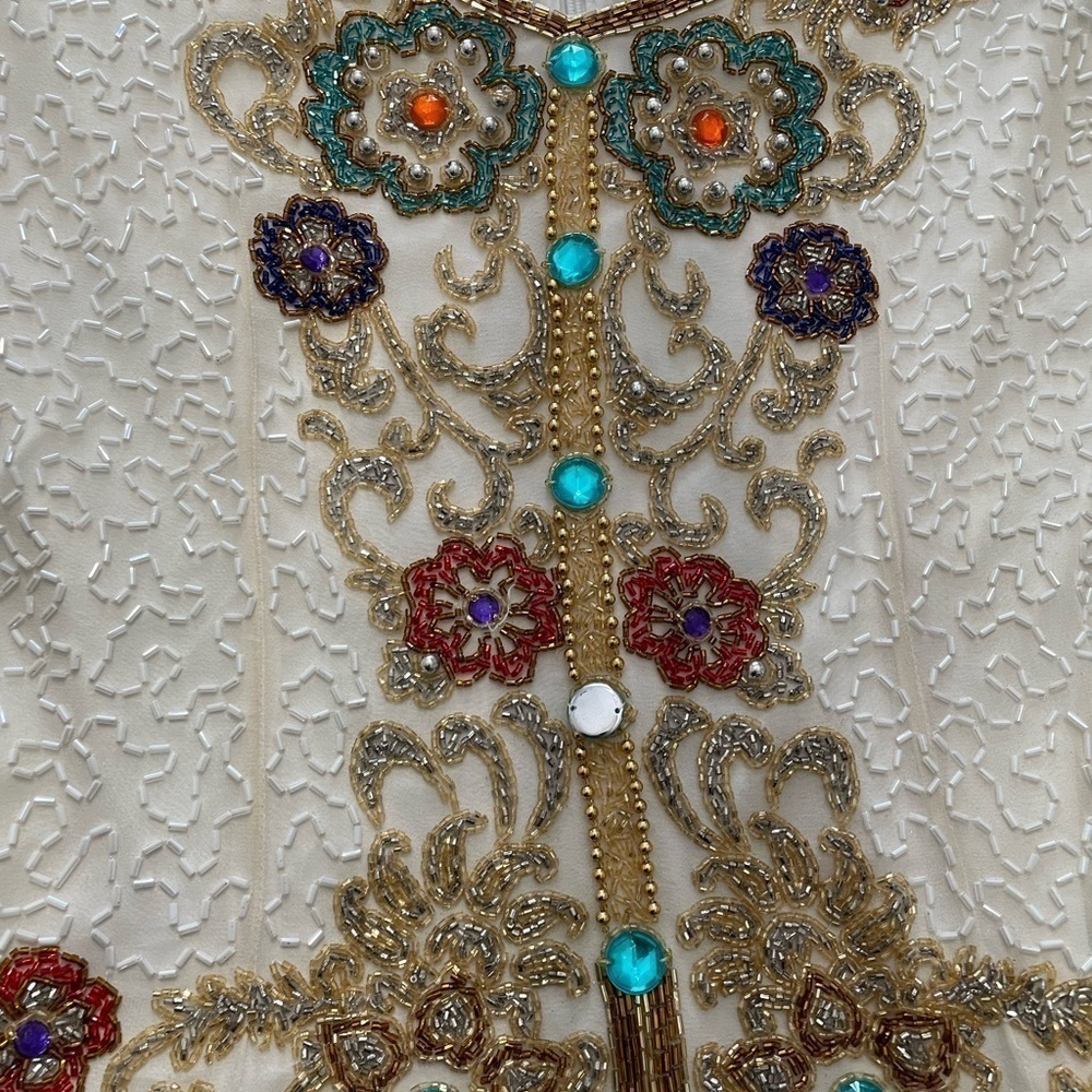 Black tie women’s V TG Floral Sequence beaded long sleeve 100% silk white top - Picture 4 of 11